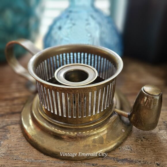 Vtg Antique Brass Chamberstick Rare Candle Holder W Handle Tapered Candelabra - Picture 1 of 13